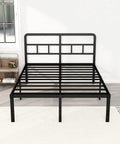 Built Tough 18 Inch Queen Metal Bed Frame With Attached Headboard, Zero Squeak Noise Free Design, Quick Snap Together Assembly, Heavy Duty Black Powder Coated Finish For Roomy Underbed Storage Solutions, angled view with open slats.