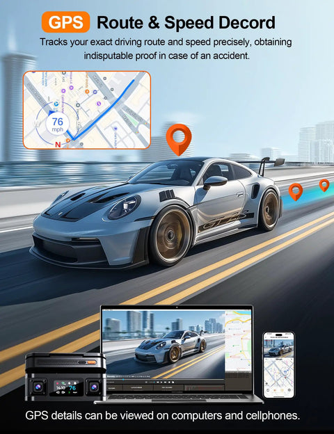 Car with 360 View 4K Front Dash Cam With Full Quad Channel Coverage Front Rear Inside Left Right, Built In GPS, driving with speed tracker.