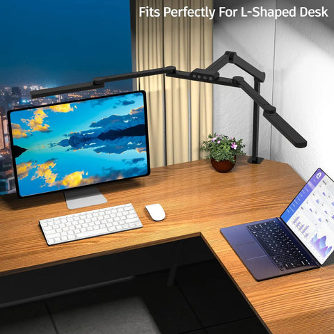 Transformable LED Desk Lamp With Clamp, 41.5 Inch Architect Style Office Light shown clamped on L-shaped desk with computers