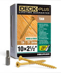 Pro Grade Deck Screws 10 By 2 1/2 Inch 625 Pack Epoxy Coated Self Drilling Fasteners For Pressure Treated Lumber Outdoor Projects Built Like A Tank And Ready To Roll in a tan box with screws and bit.