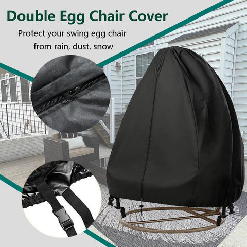 Rugged Patio Egg Chair Cover With Zipper 420D Woven Polyester With PVC Coating For Waterproof Weatherproof UV Guard Dustproof Windproof Hanging Chair Shield 75 By 45 Inches Black 1 Pack, shown on patio with zipper close-up and straps