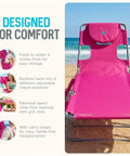 Front view of a pink Chaise Lounge Portable Reclining Lounger For Outdoor Patio Beach Lawn Camping And Pool 72 By 22 Inch with arm slots on beach.