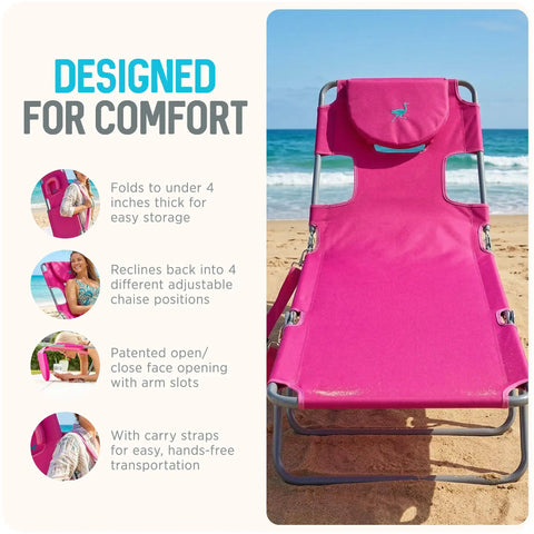 Front view of a pink Chaise Lounge Portable Reclining Lounger For Outdoor Patio Beach Lawn Camping And Pool 72 By 22 Inch with arm slots on beach.