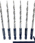 Top Shelf Six Piece Replacement Tapered Countersink Drill Bits In Heavy Duty 11 64 Inch Hex Shank With Easy Grip Wrench for quick metal drilling.