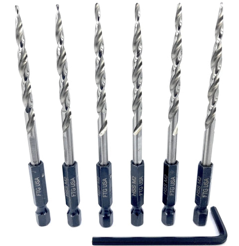 Top Shelf Six Piece Replacement Tapered Countersink Drill Bits In Heavy Duty 11 64 Inch Hex Shank With Easy Grip Wrench for quick metal drilling.