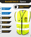Next Level Hi Vis Safety Vest Class 2 Reflective Yellow Breathable Polyester showing 9 pockets and heavy-duty zipper