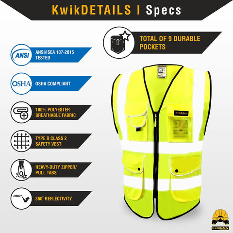 Next Level Hi Vis Safety Vest Class 2 Reflective Yellow Breathable Polyester showing 9 pockets and heavy-duty zipper