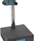 Front view of Fowler granite gage stand with an 8-inch stainless column on a black granite base and blue clamp head, logo visible.