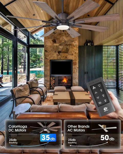60 Inch Farmhouse Ceiling Fan With Light In Black Remote Control, Beast Airflow With Whisper Quiet DC Motor, Up To 6300 CFM, Energy Saving Up To 75 Percent, Perfect For Living Room, Bedroom, Or Covered Patio above modern living room fireplace
