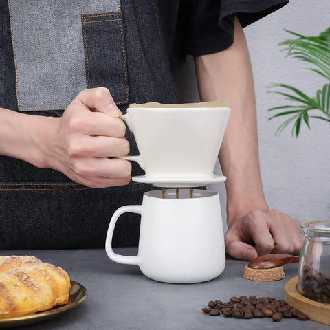 No.2 White Ceramic Pour Over Coffee Dripper For Single Cup, Reusable Filter Cone With Flat Bottom And Three Holes, Easy Pour Slow Brew For Home Office Travel Camping