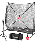 6x6 Foot Baseball Softball Practice Net for hitting, pitching, and catching with baseball tee, bonus strike zone, bow frame, durable pro grade 7 ply knotless netting, fiberglass poles, ground stakes visible.