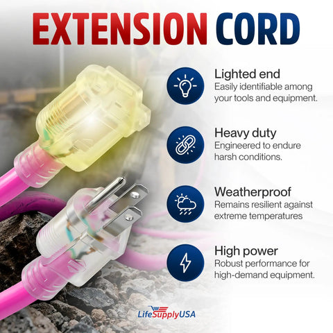 75Ft Heavy Duty Extension Cord Waterproof And Cold Resistant For Indoor Or Outdoor Jobsites A Beefy 15 Amp Three Prong Power Cable That Grinds Through Anything Without Breaking A Sweat In Neon Pink connectors, lighted ends.