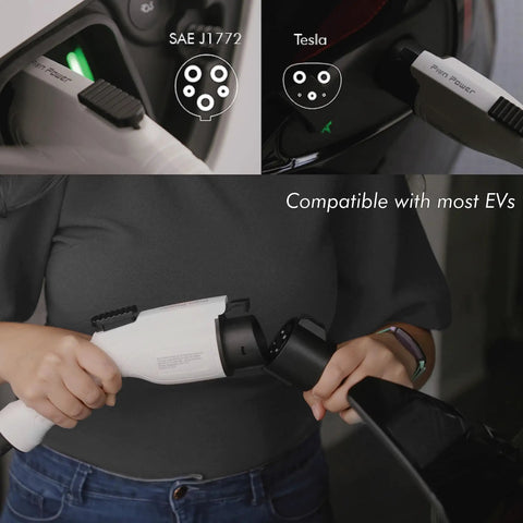 Woman holding a Level 2 EV Charger, Plug-And-Play Portable, 8-40 Amp Adjustable, compatible with SAE J1772 and Tesla outlets.