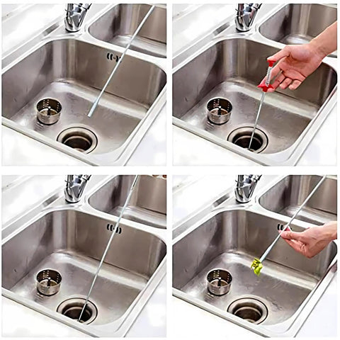 79 Inch Flexible Drain Snake Clog Remover For Toilet, Sewer, Shower, Kitchen And Bathroom Drains shown in stainless steel sink