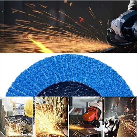 Premium Zirconia Flap Discs 40 Grit Coarse 4 Inch 3 Pack shown in use for metal grinding and polishing, sparks flying.