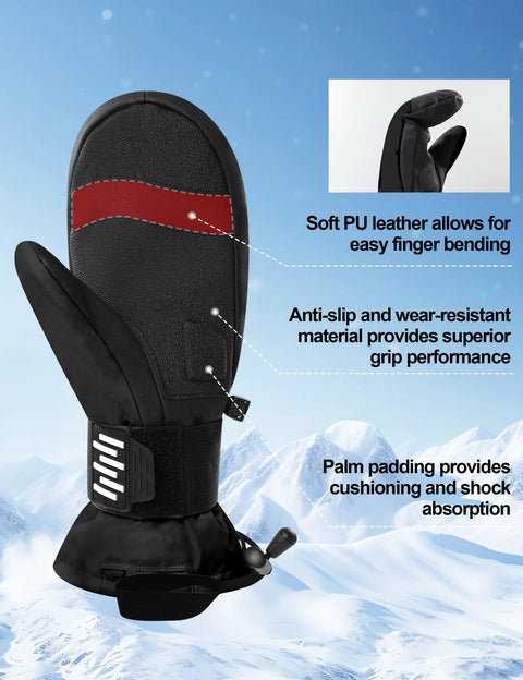 Waterproof Ski Mittens For Men And Women With Pocket And Wrist Guard Touchscreen Compatible, detailed palm view and features