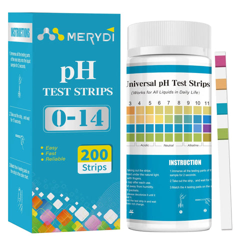 pH Test Strips 0 To 14 Range 200 Count Universal Litmus Paper For Water Pools Kombucha Food Soap Making And DIY Home Testing Quick Accurate pH Readings For Aquarium And More featuring packaging and color chart