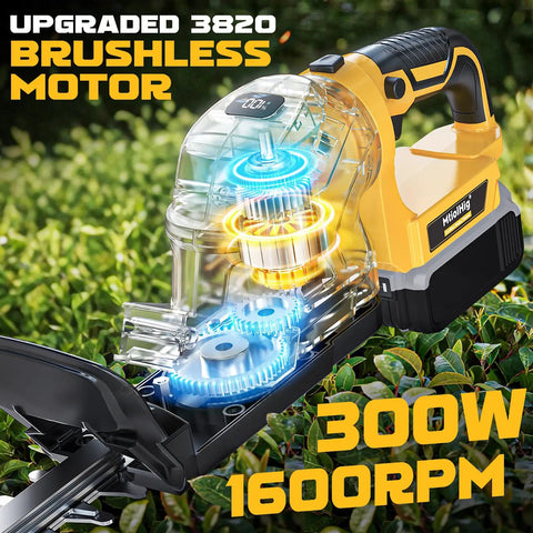 Image of a Cordless Hedge Trimmer Beast with 22-Inch Dual-Action Blade, showcasing 2000 RPM brushless motor and battery level display.