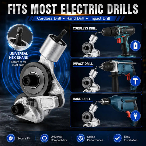 Heavy Duty Electric Drill Plate Cutter Attachment For Sheet Metal Nibbling fits most electric drills including cordless, hand, impact drills.