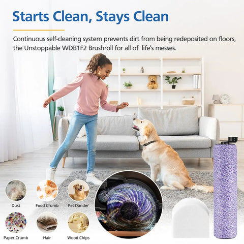 Replacement Brushroll And Foam Filter Bundle For HydroVac shown with dog and child, emphasizing dirt removal efficiency.