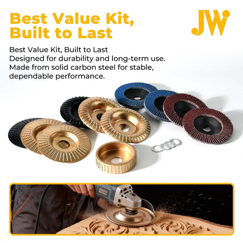 Pro Grade 15-Piece Wood Carving Disc Kit For 4 to 4.5 Inch Angle Grinders With 5/8 Inch Arbor, including durable carving discs