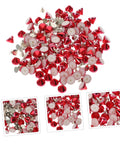 Front view of red plastic craft rivet studs with silver backs for DIY clothing decoration; many pieces.