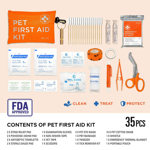 Waterproof High Visibility Dog First Aid Kit with 35 essential supplies in reflective pouch, shown with contents displayed