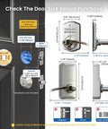 Top Notch Zinc Alloy Keypad Door Lock With Satin Nickel Finish Programmable Smart Keyless Entry featuring door size dimensions and details.