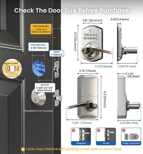 Top Notch Zinc Alloy Keypad Door Lock With Satin Nickel Finish Programmable Smart Keyless Entry featuring door size dimensions and details.