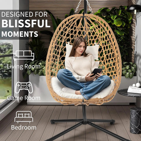 Egg Chair With Stand Outdoor Patio Wicker Hanging Chair Hammock Swing Seat Cozy Ergonomic Design With Thick Cushion 350 Lbs Capacity