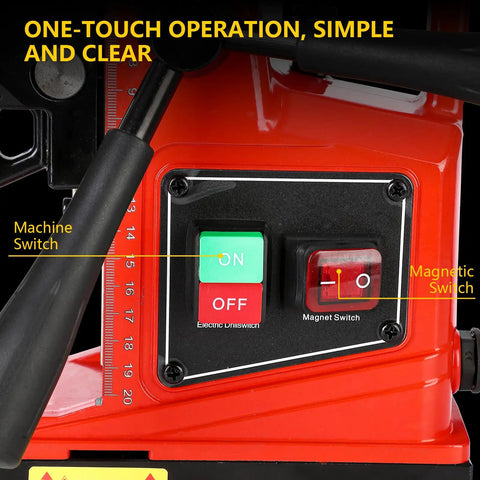 Control panel of Powerful 1400W Magnetic Drill Press With 2 Inch Boring Capacity And 810 RPM, featuring on/off switches.