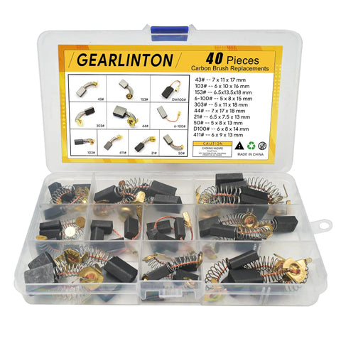 Carbon Brush Set For Power Tools 40 Pcs in 10 Sizes for Angle Grinders, Hammer Drills, Circular Saws with Graphite Copper