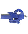 Heavy Duty 4 Inch Bench Vise With 360 Degree Swivel Locking Base Desktop Clamp, blue cast steel with replaceable jaws visible