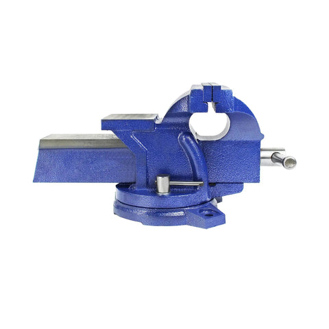 Heavy Duty 4 Inch Bench Vise With 360 Degree Swivel Locking Base Desktop Clamp, blue cast steel with replaceable jaws visible