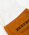 Close-up of Heavy Duty Working Gloves 5 Pairs For Tig Welding with cowhide split leather in white and brown.