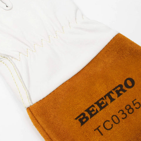 Close-up of Heavy Duty Working Gloves 5 Pairs For Tig Welding with cowhide split leather in white and brown.