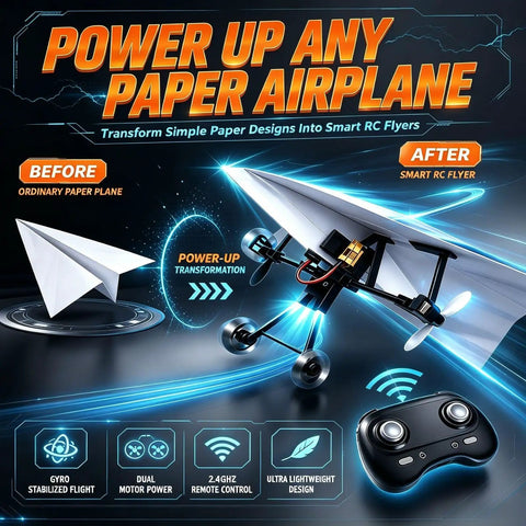 Rad Remote Control Paper Airplane Kit With Gyro Stabilizer And Dual Propellers shown transforming a paper plane into RC flyer