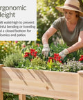 Raised Wood Garden Bed With Elevated Planter Stand, 72 By 24 By 30 Inches, Divider Panel, person gardening on patio