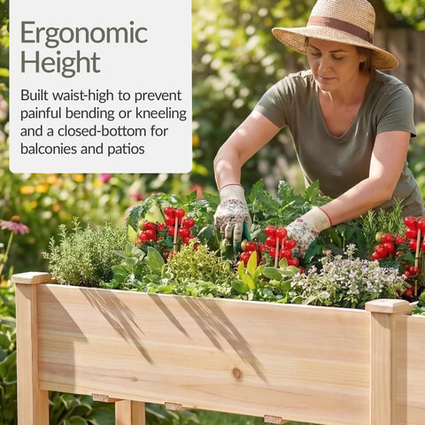 Raised Wood Garden Bed With Elevated Planter Stand, 72 By 24 By 30 Inches, Divider Panel, person gardening on patio