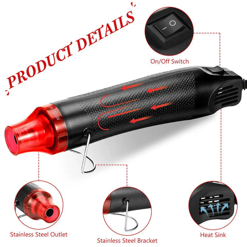 Compact 3 Pack Heat Gun Hot Air Tool For Crafting And Epoxy Resin Projects Fast Heating Blower For Vinyl Wrap And Paint Drying Sleek 300W Black Device, showing stainless steel tips and on/off switch.