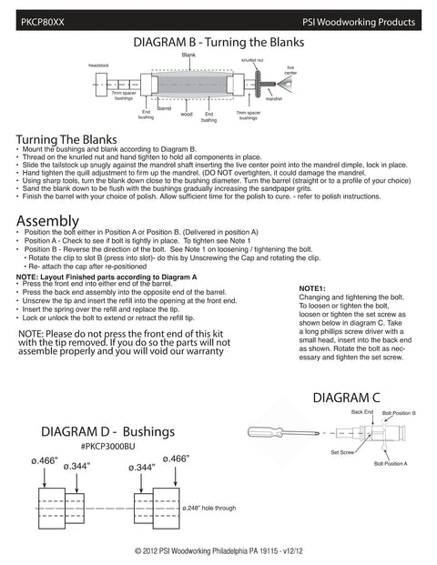 Diagram and instructions for Three Piece Bolt Action Bullet Cartridge Ballpoint Pen Woodturning Kit Starter Package With Hardware And Bushing Set Only Lathe Required To Turn Into Finished Pens For DIY Woodturning Fans.