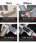 Two Pack 16 Inch Stainless Steel Shower Grab Bars, 1.25 Inch Diameter vs competitor, strong anti-slip grip and diameter comparison