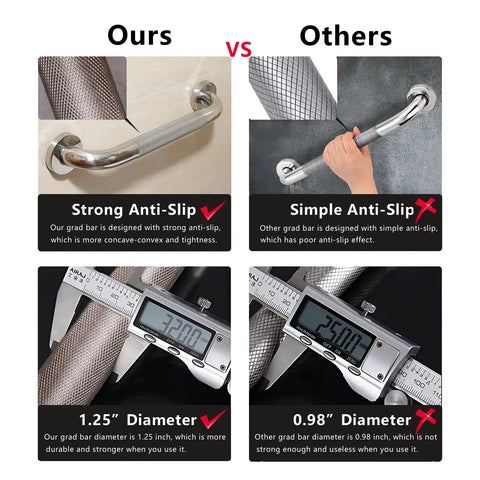 Two Pack 16 Inch Stainless Steel Shower Grab Bars, 1.25 Inch Diameter vs competitor, strong anti-slip grip and diameter comparison