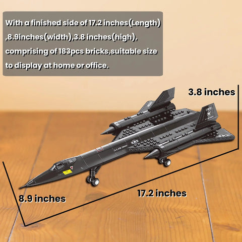 SR 71 US Air Force Reconnaissance Plane Building Toys Set With 183 Pieces displayed with dimensions on wooden surface