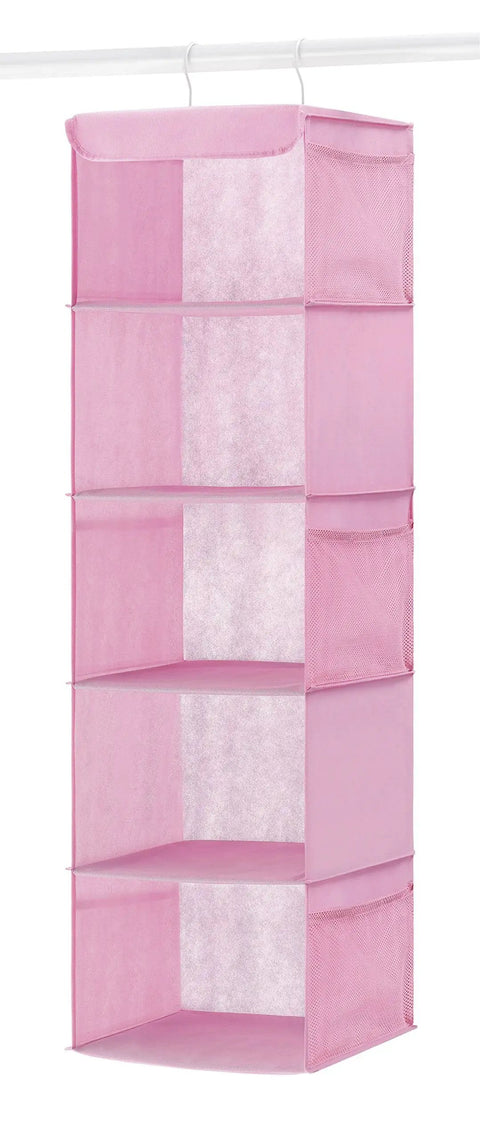 Pink Hanging Closet Organizer Featuring Five Roomy Shelves Plus Nifty Side Pockets For Shoes Scarves Toys And Hand Towels The Ultimate Closet Game Changer