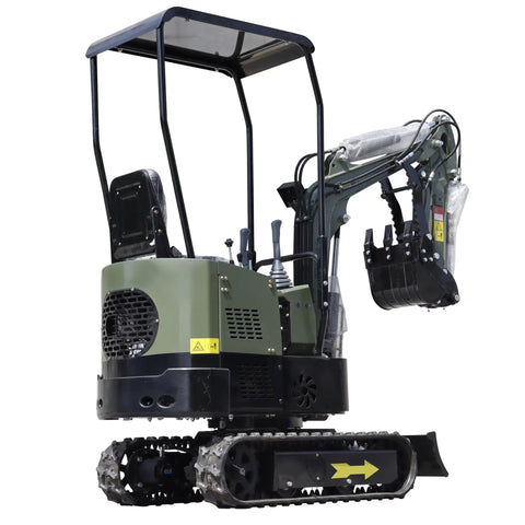 Storm X Terror Mini Excavator 1 Ton Trench Digger with canopy and wide bucket, side view for gardens and small projects