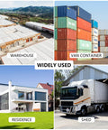 Image showing uses of Heavy Duty Steel Hockey Puck Padlock With Hidden Shackle, Keyed Alike, Chrome Finish, Two And Seven Eighths Inch, Triple Pack for securing warehouse, van container, residence, shed.