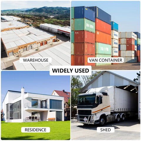 Image showing uses of Heavy Duty Steel Hockey Puck Padlock With Hidden Shackle, Keyed Alike, Chrome Finish, Two And Seven Eighths Inch, Triple Pack for securing warehouse, van container, residence, shed.