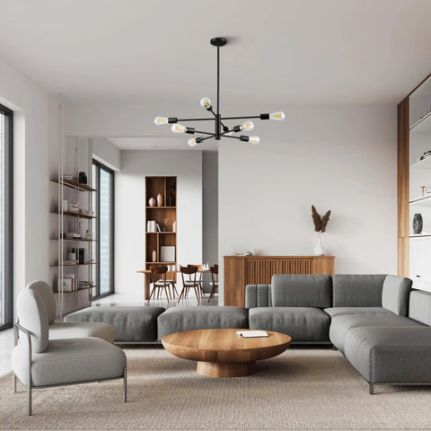 Modern Geometric Chandelier Light Fixture in Industrial Black Finish with Open Two Tier Sputnik Arms in living room setting