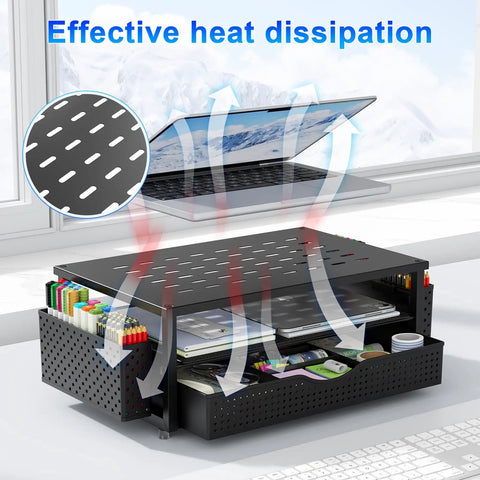Desk Organizer And Monitor Stand With Drawer And Two Pen Holders Black Space Saving Desktop Riser showing heat dissipation feature